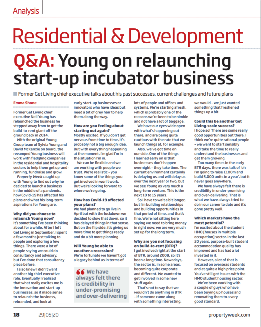 Property Week "Q&A Young on relaunching startup incubator business