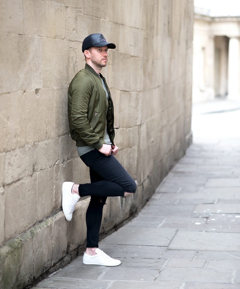 Green Bomber Jacket And Black Ripped Skinny Jeans Mens Outfit