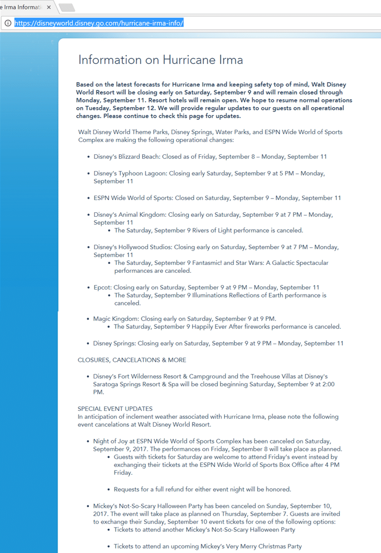 Disney World Parks Closed Sunday and Monday