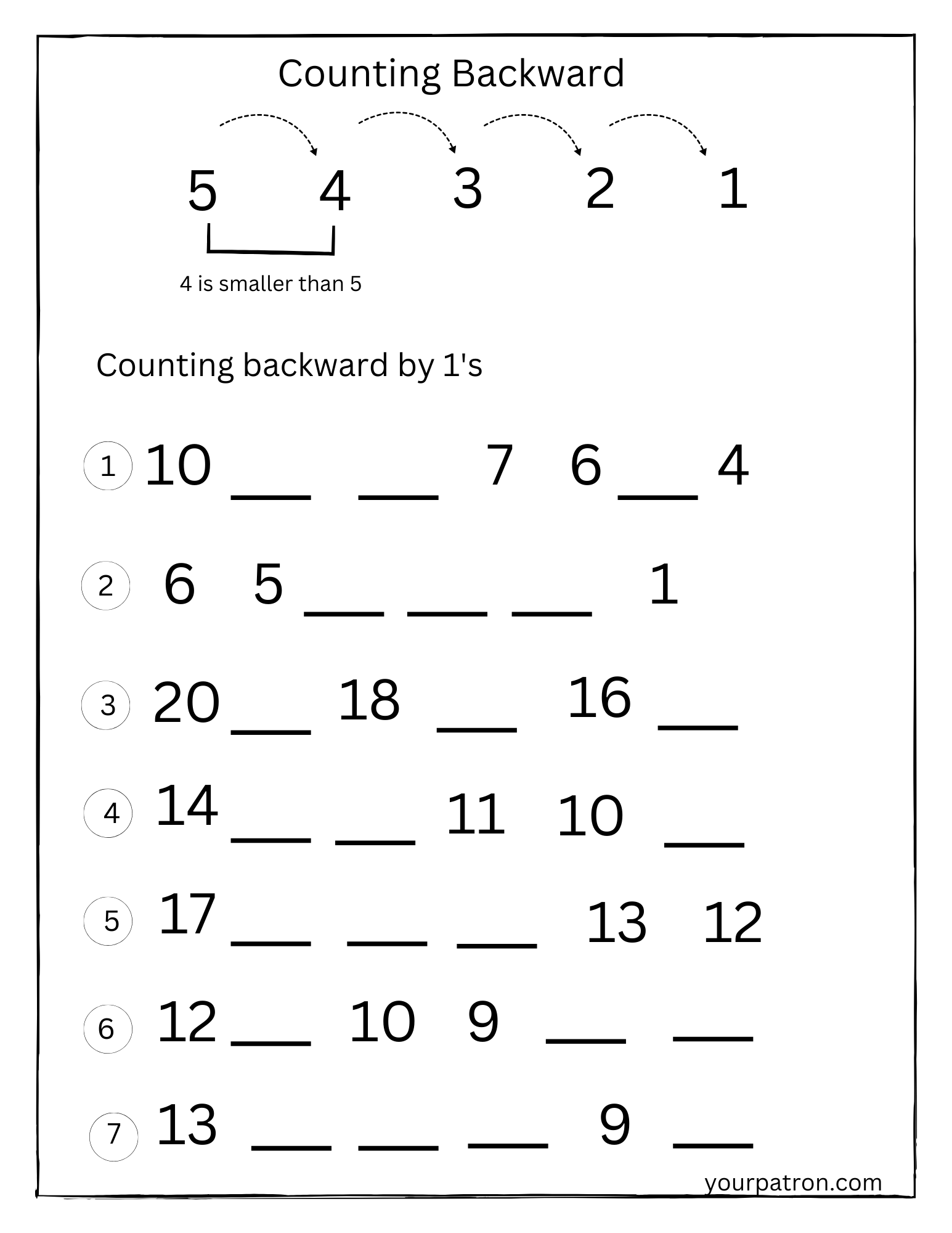 Free Counting Backward Worksheets For Grade 1 - YourPatron