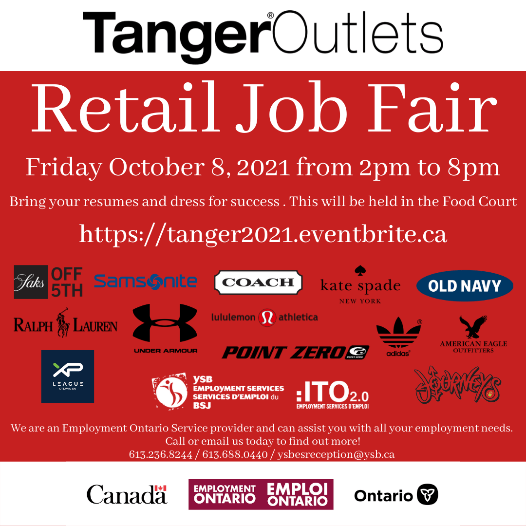 Tanger Outlet Ottawa Retail Job fair YSB Employment Services d'emploi