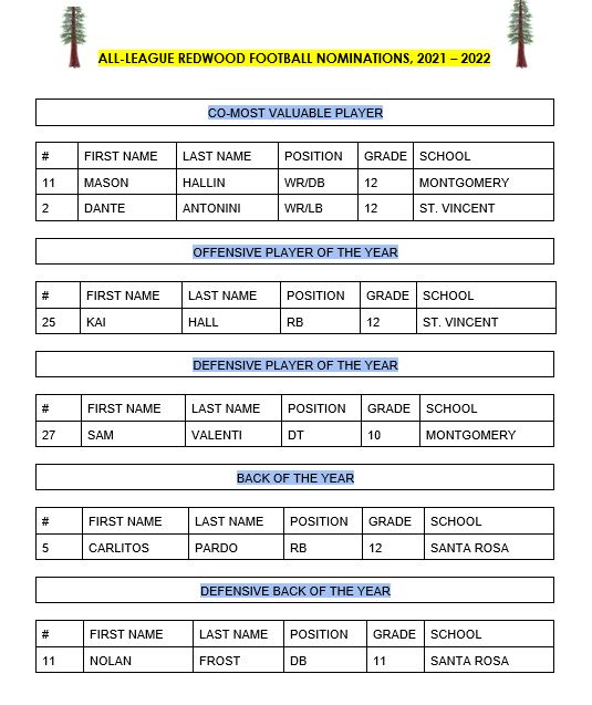NORTH BAY LEAGUE FOOTBALL ALL LEAGUE, 2021 YSN 365