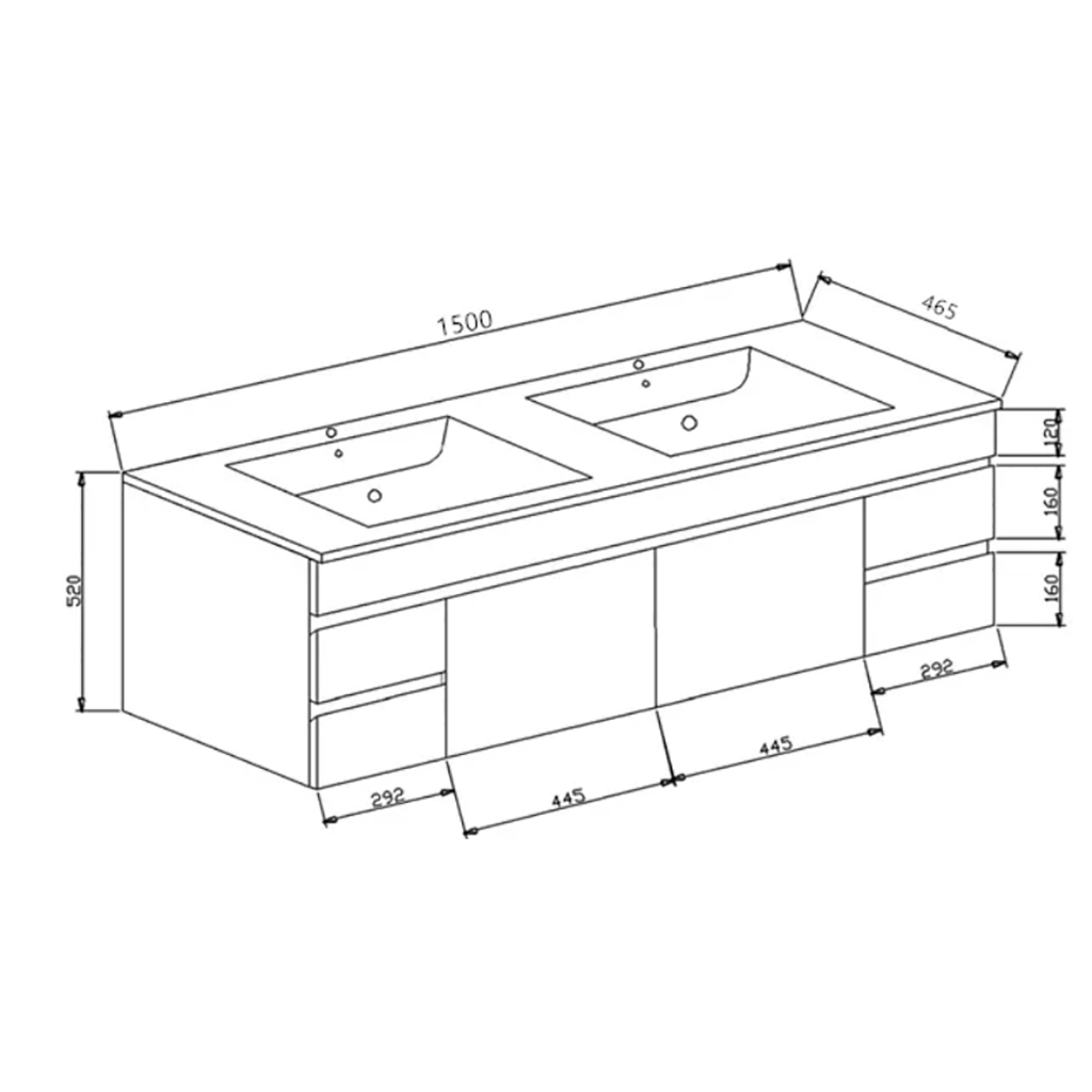 1500MM White MDF Vanity Double Bowl Wall Hung Only/ With Ceramic Top YT GROUP