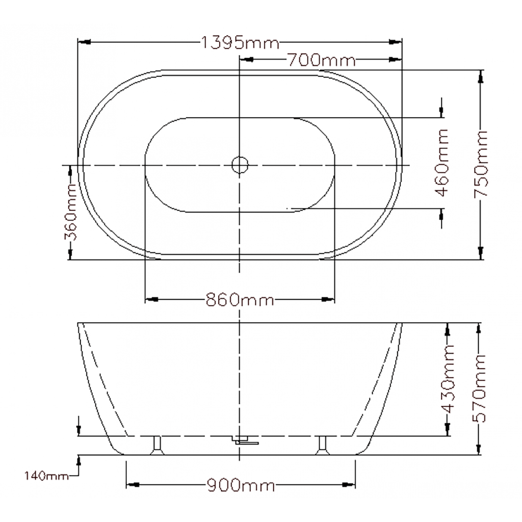 1395x750x570mm Olivia Oval Bathtub Freestanding Acrylic GLOSSY White