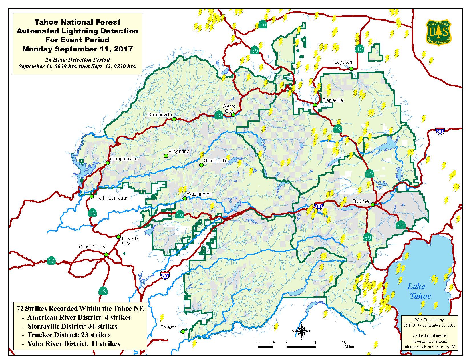 Lightning map 72 strikes on the Tahoe National Forest on Monday