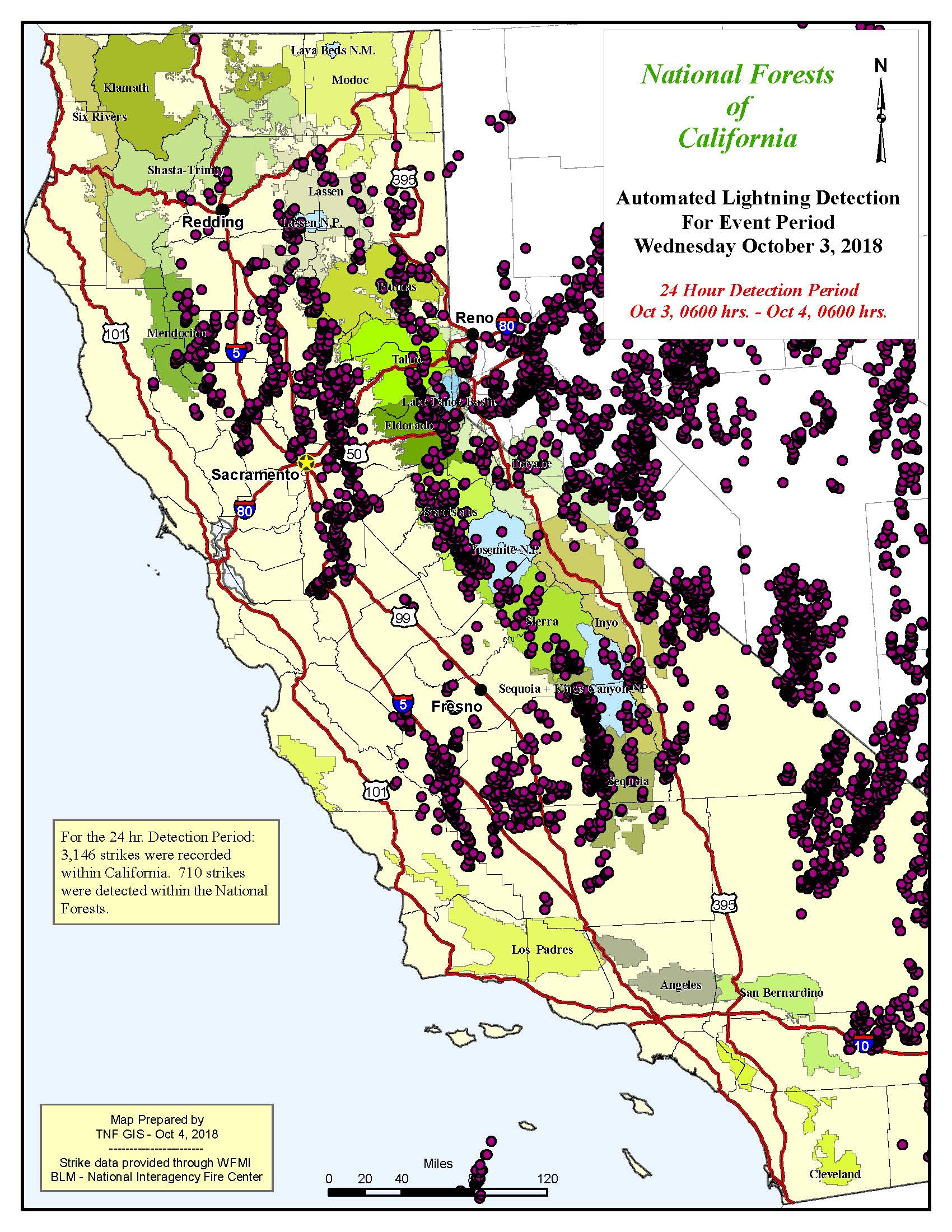 Lightning Maps 3,146 downstrikes recorded in California on Wednesday