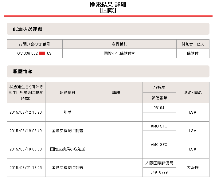 「外国来郵便」が「国際特殊通常書留」に変化した[RA123456789JP]