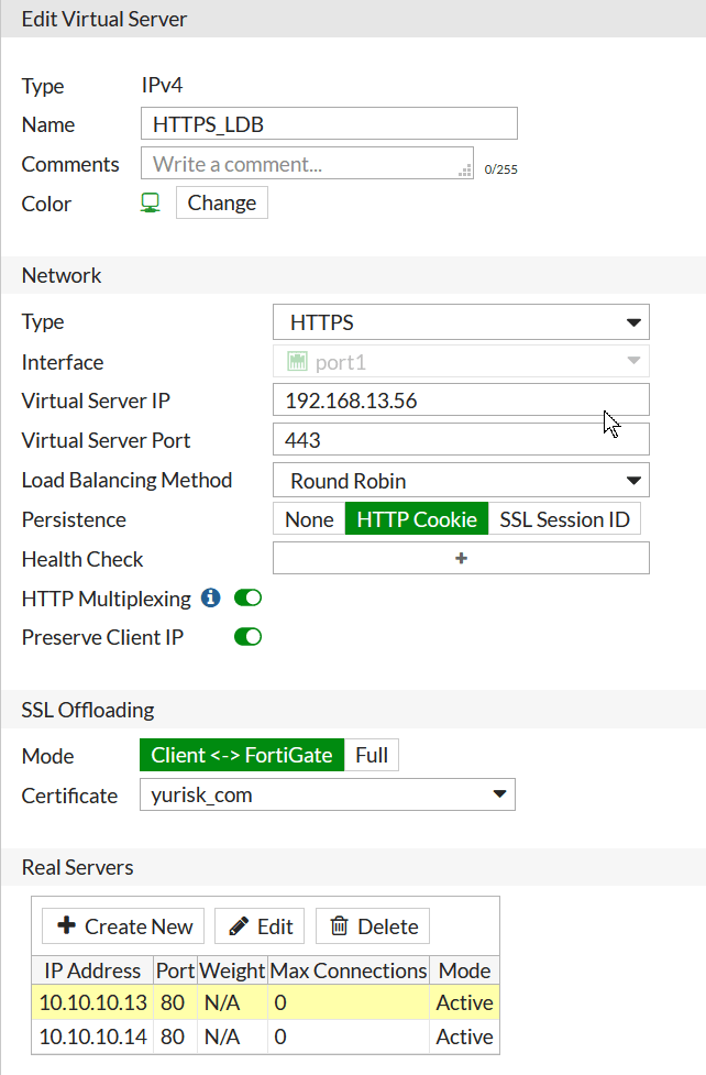Fortigate virtual IP server load balancing configuration and debug