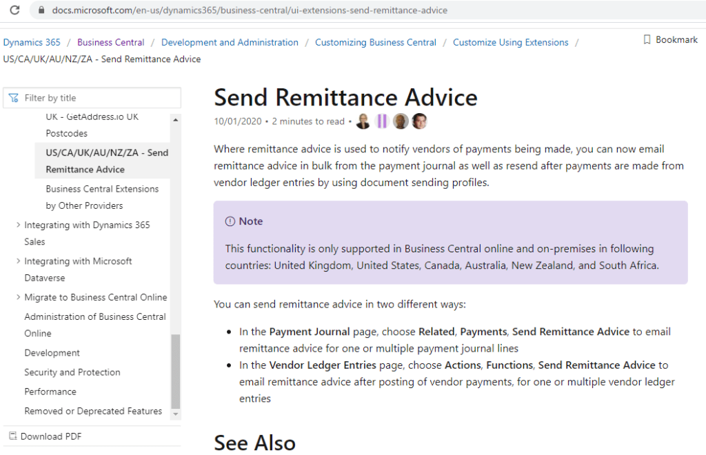 Dynamics 365 Business Central Send Remittance Advice (error handling