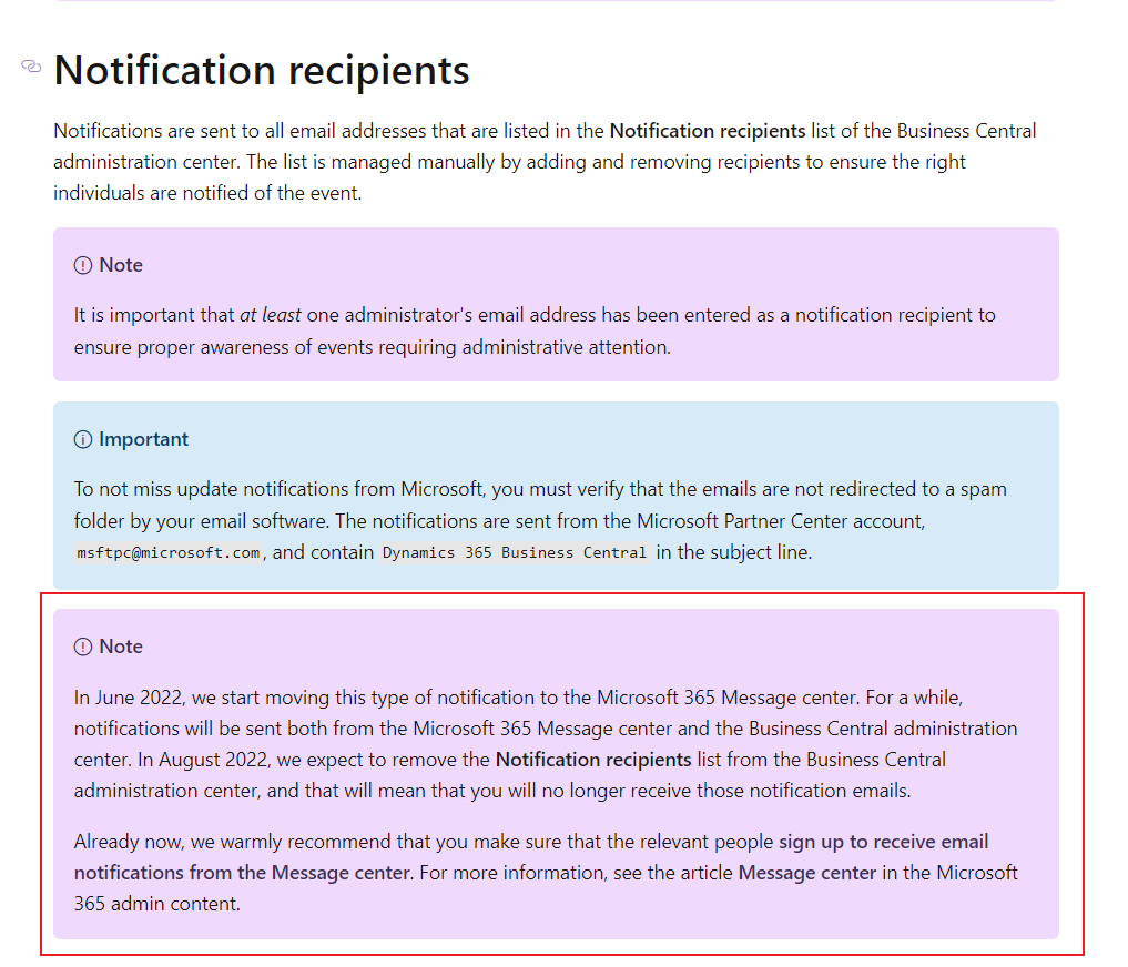 Note Microsoft expect to remove the Notification recipients list from
