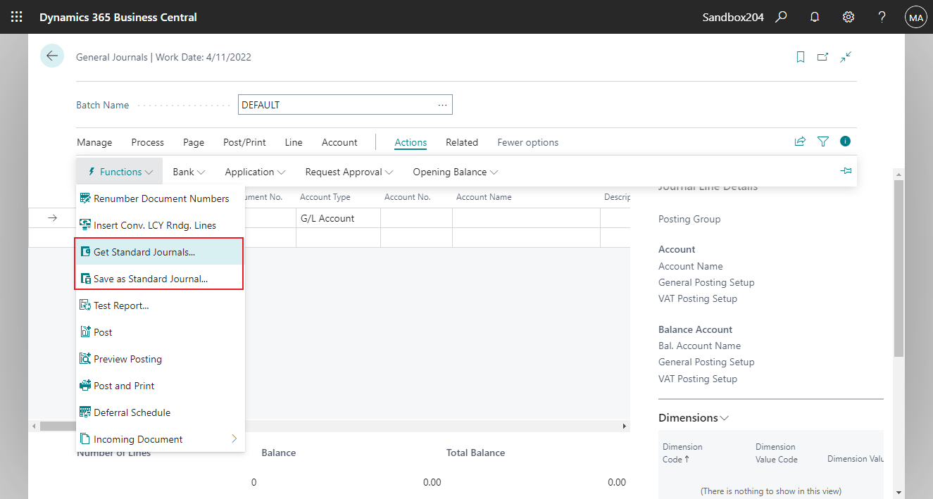 Dynamics 365 Business Central Working with Standard Journals (Save as