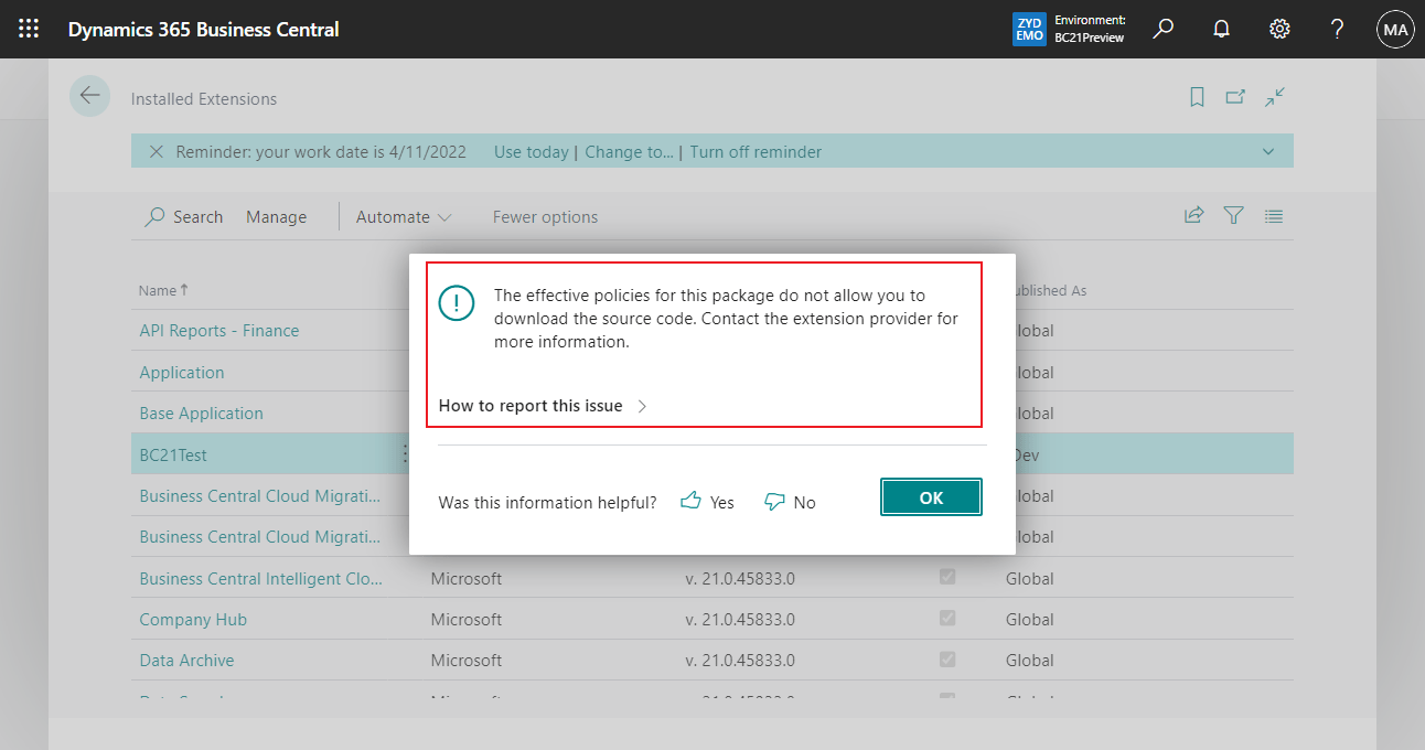 Business Central 2022 wave 2 (BC21) new features Apply resource exposure policy to DEV