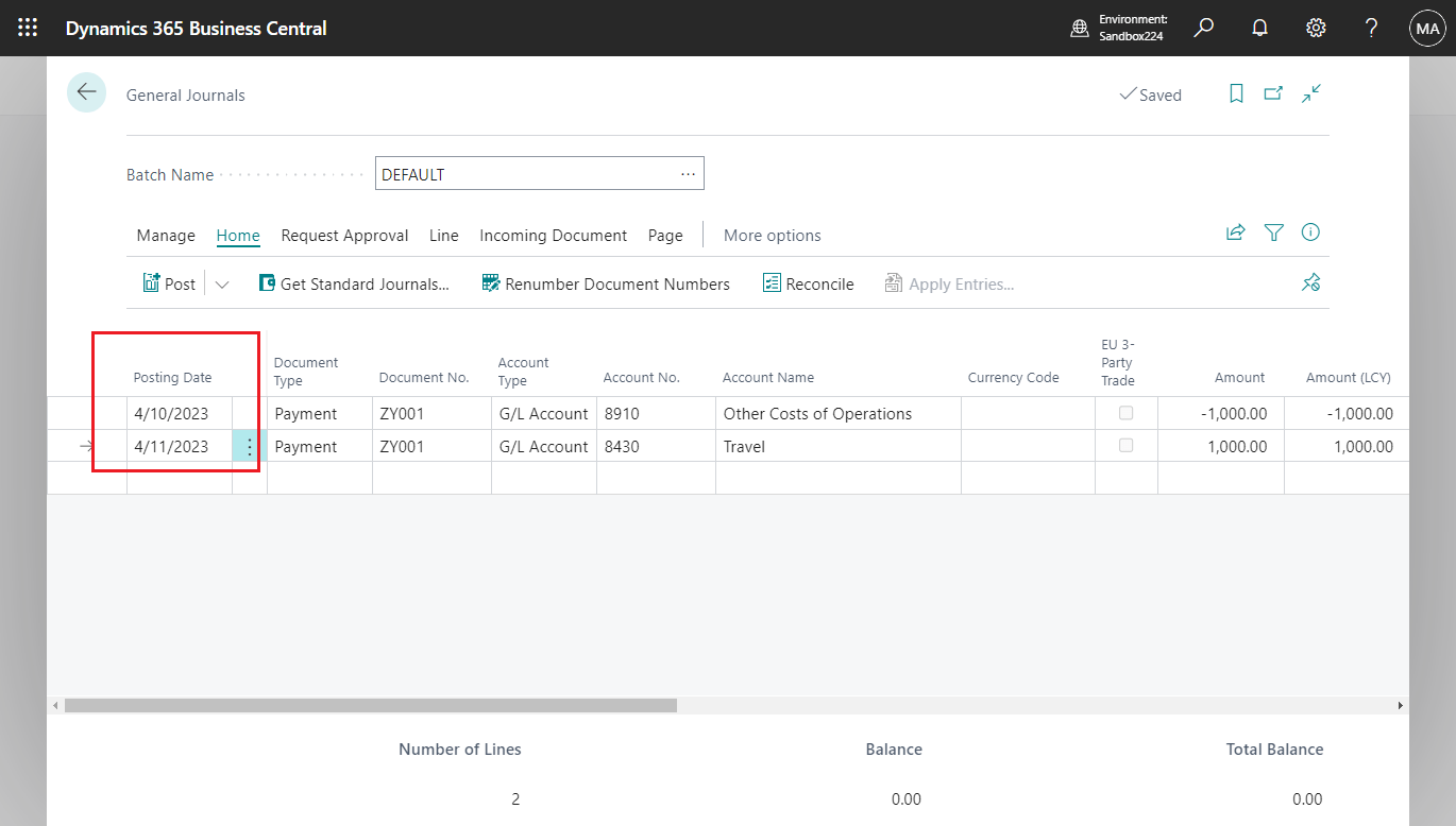 Dynamics 365 Business Central Balance by document number and document type in the general