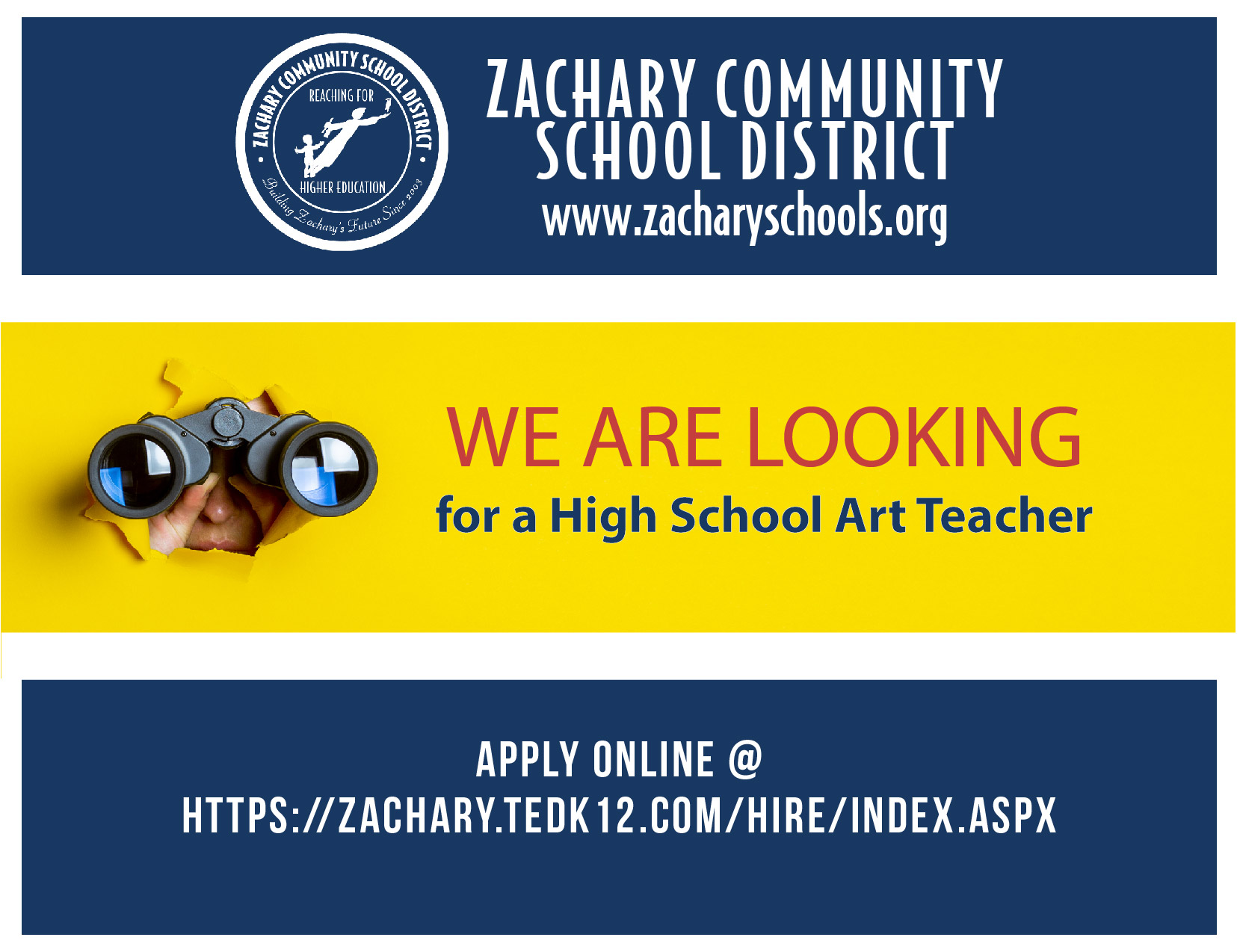 We are looking for a high school art teacher Zachary Community School