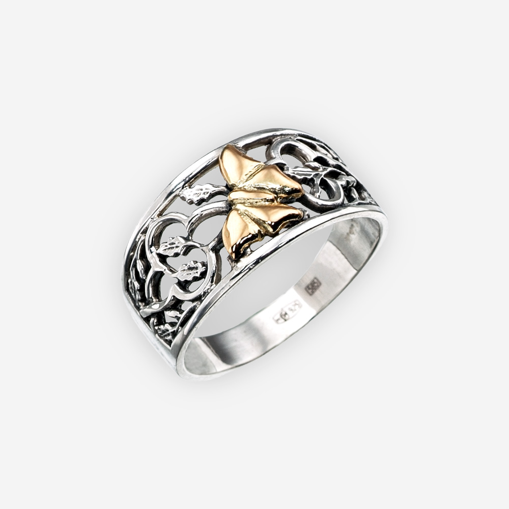 Silver Openwork Ring with 14k Gold Butterfly Zanfeld