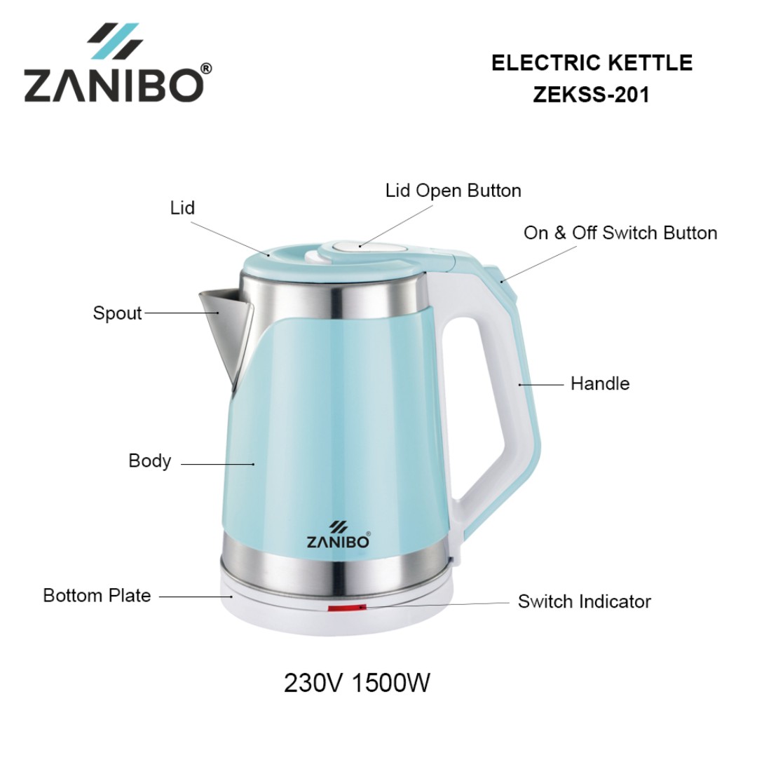 ZANIBO Cordless 1500W Electric Kettle 2 litre (ZEKSS201, Blue) Zanibo