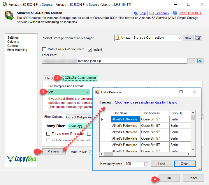 SSIS Amazon S3 Source for JSON File ZappySys