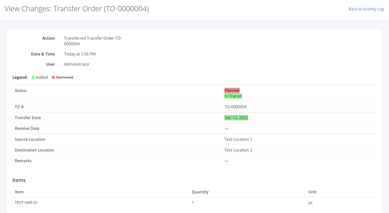 View Transfer Order Activity Log Zayls