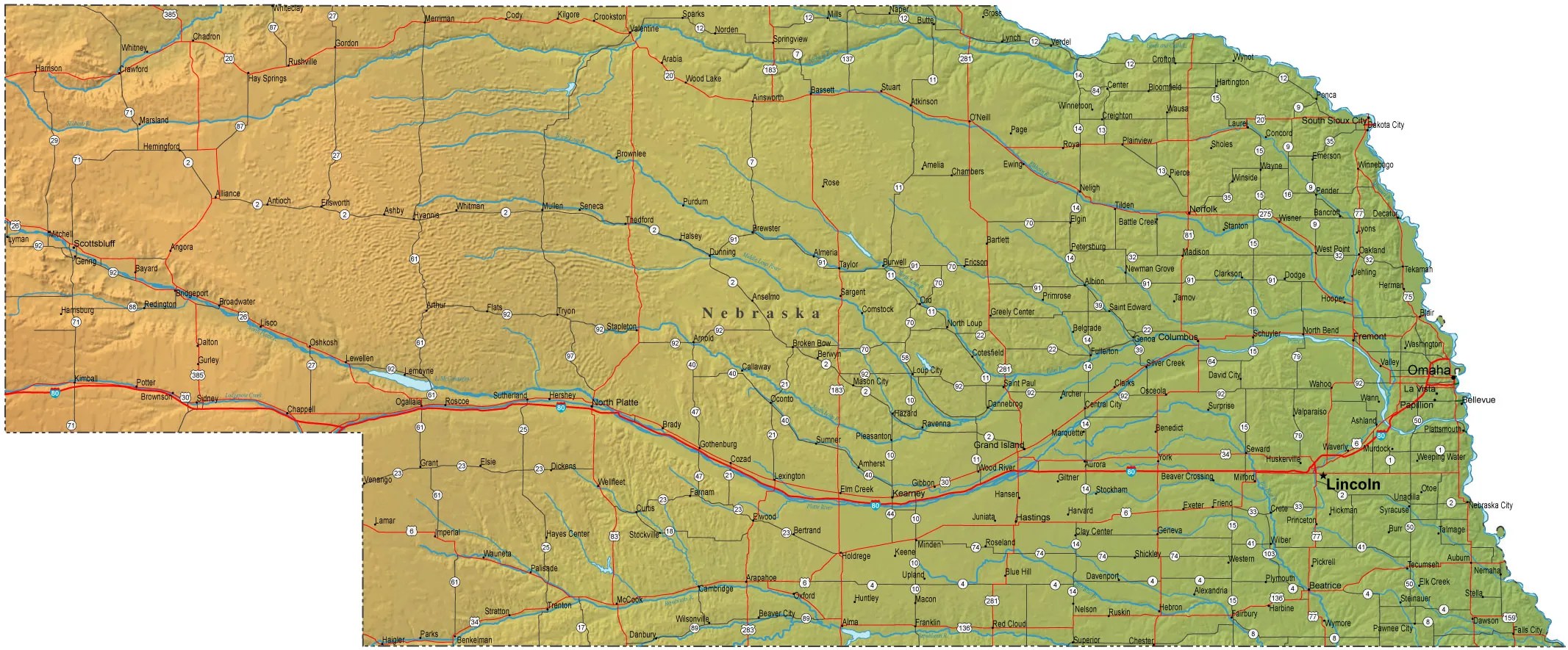 Detailed Nebraska Map NE Terrain Map