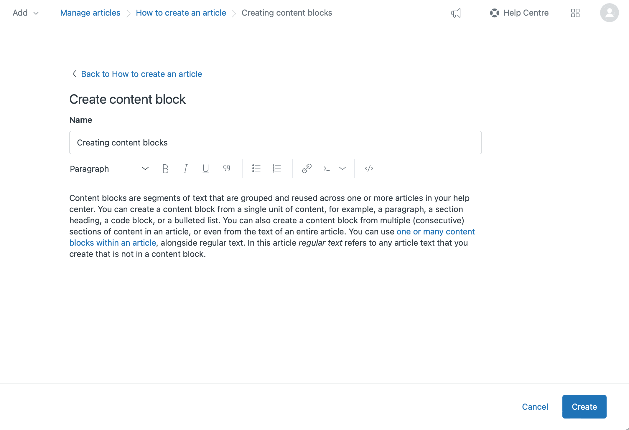 Creating and inserting reusable information with content blocks