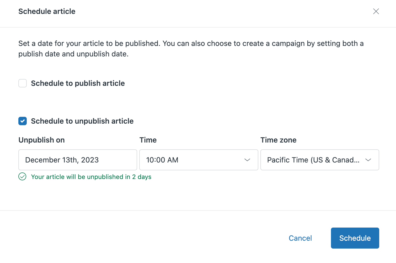 Scheduling articles for publishing and unpublishing Zendesk help