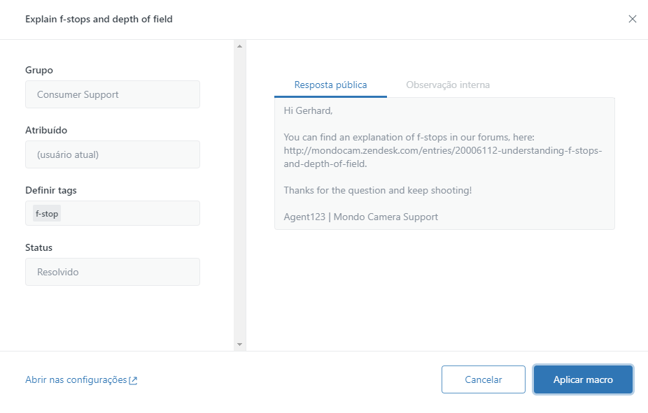 Uso de macros para atualização de tickets Ajuda do Zendesk