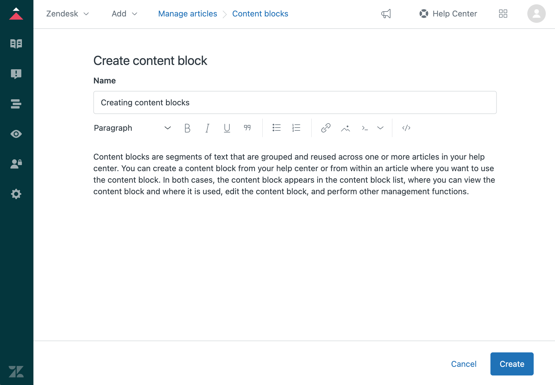Creating and inserting reusable information with content blocks