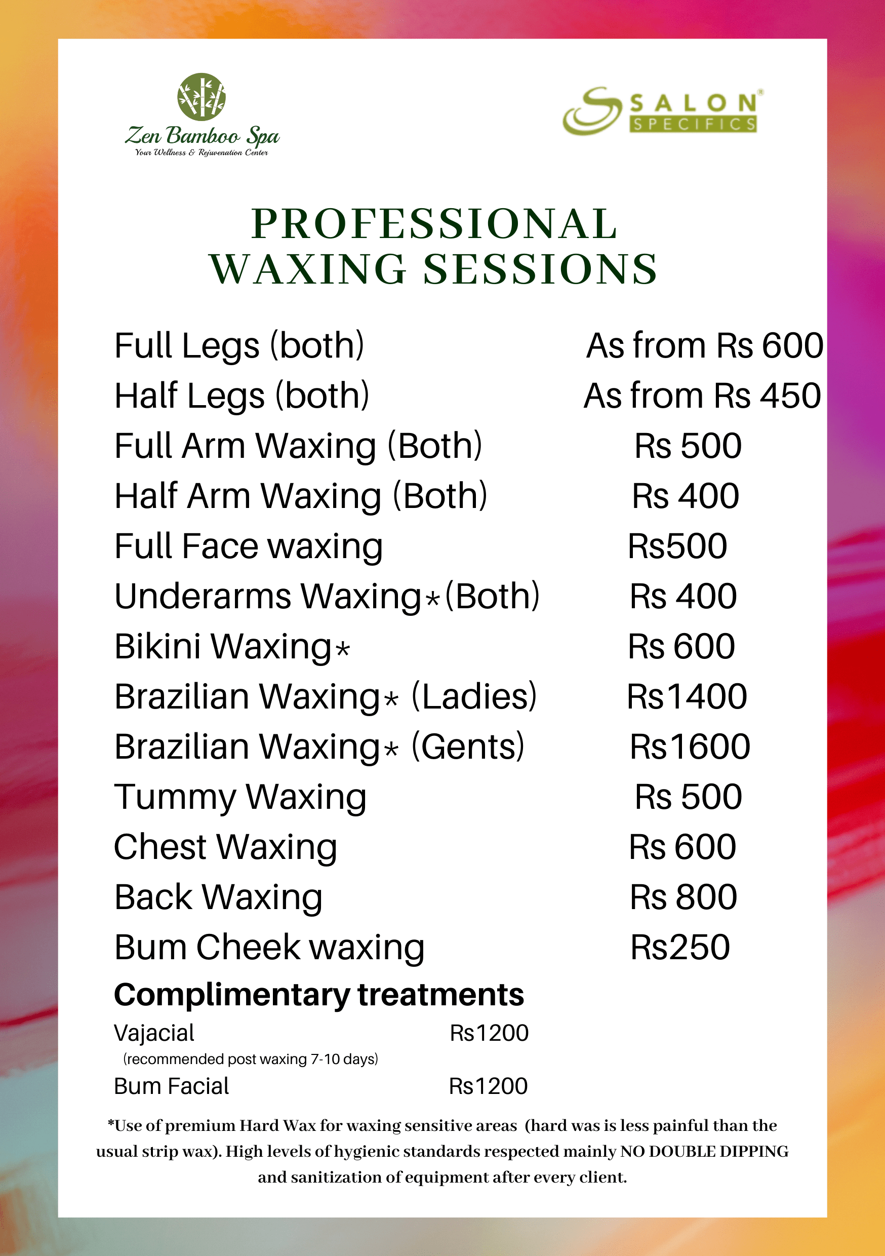 Facial & Waxing Rates