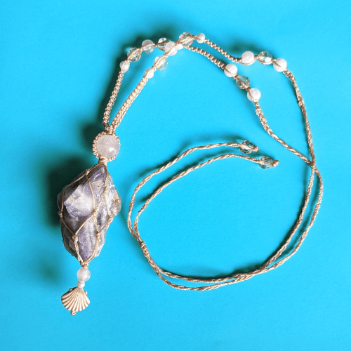 Chevron Amethyst Crystal Macrame Necklace Zen Head