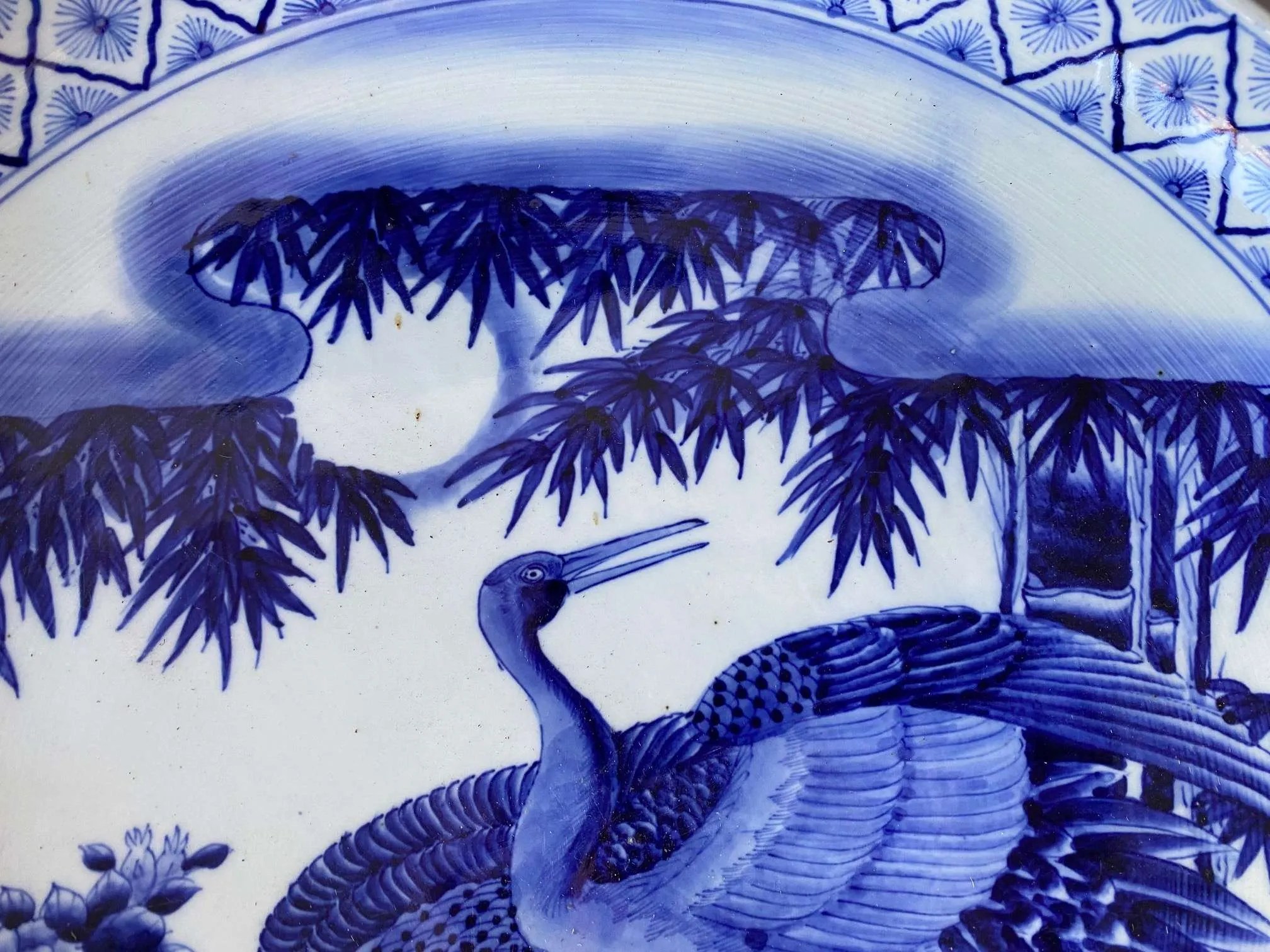 Antique Japanese Imari Charger Blue & White Mated Cranes Edo Era
