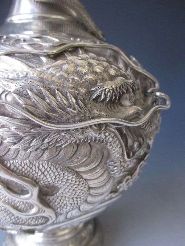 Exceptional Japanese Antique Silver Vase with Dragons and Waves Zentner Collection