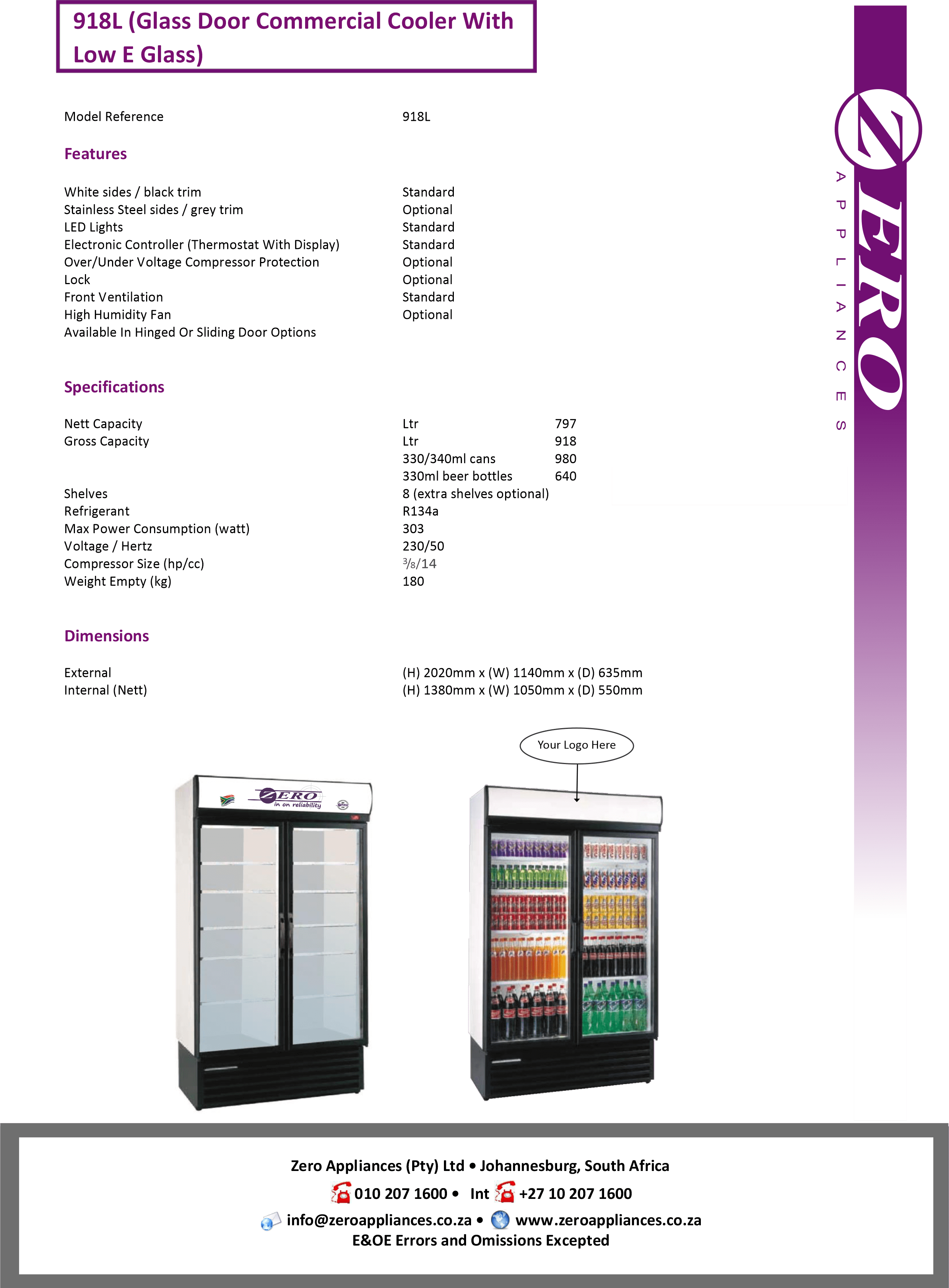 918L (Glass Door Commercial Cooler With Low E Glass) Zero Appliances