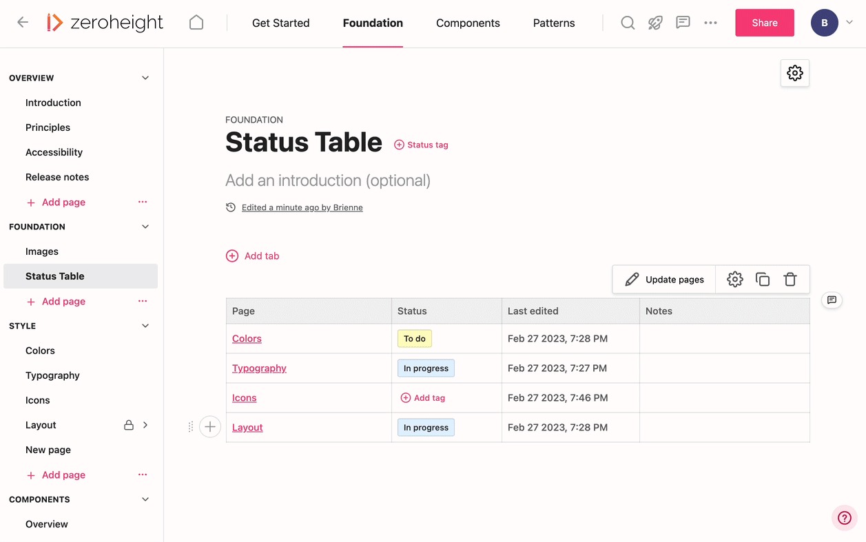 Status tables Learning Hub zeroheight