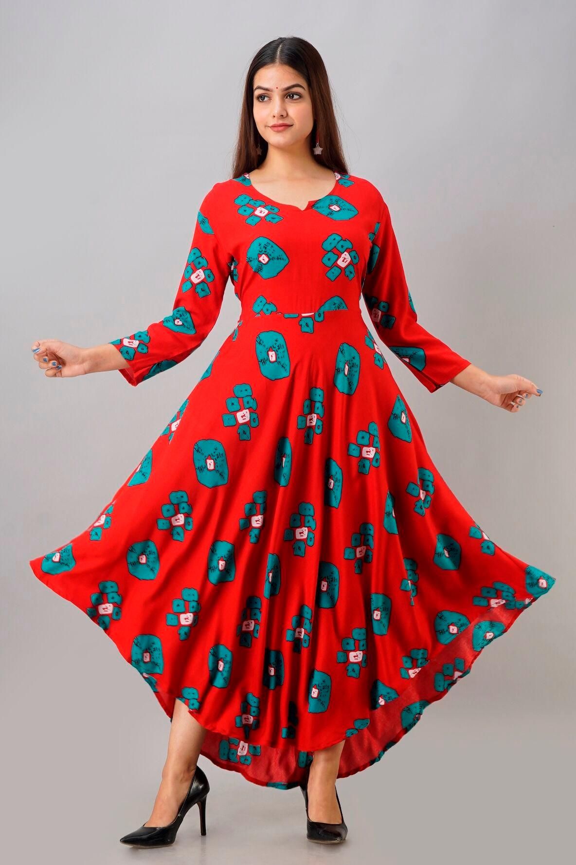 Colorful Printed Rayon Maxi Dress Zeronear