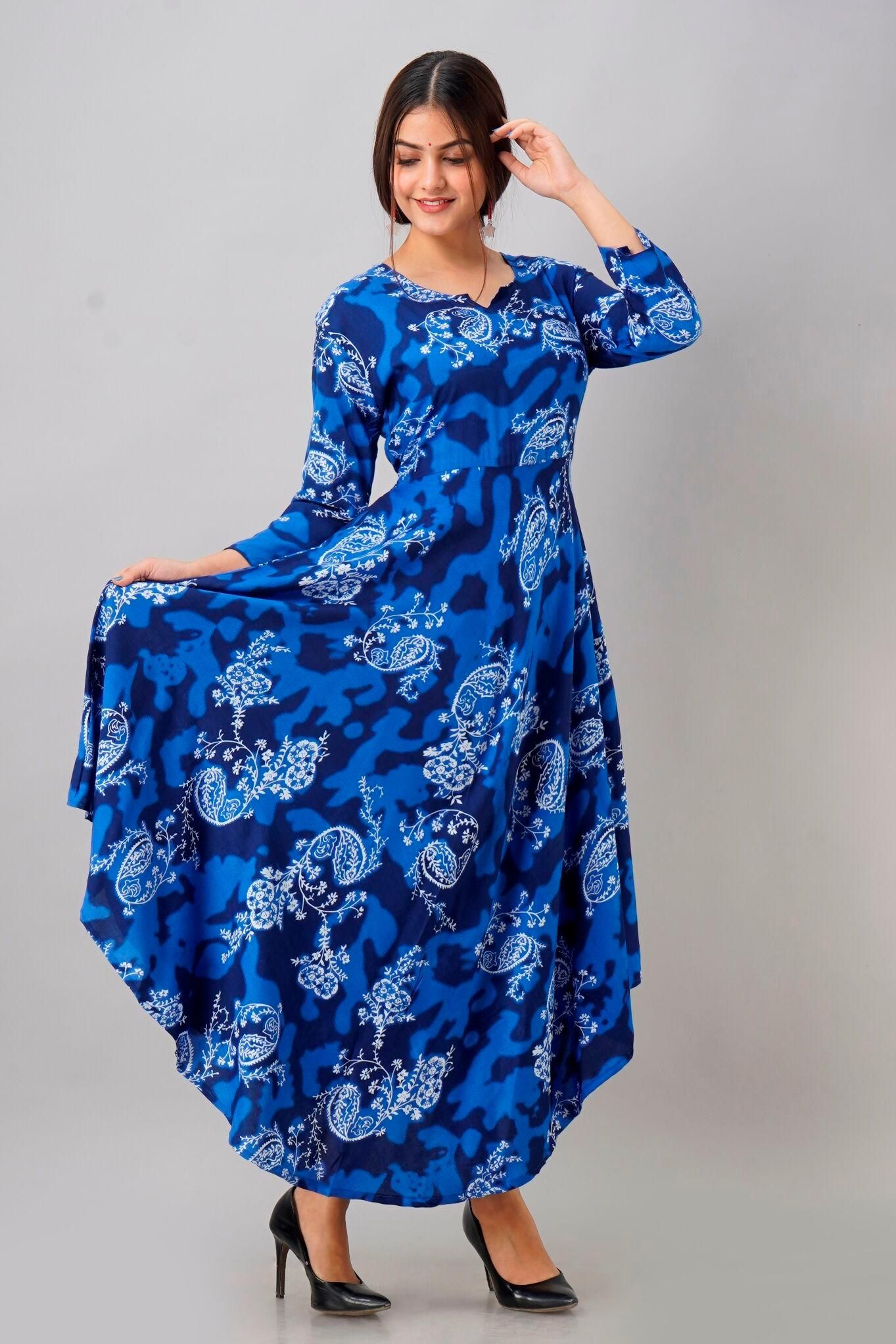 Colorful Printed Rayon Maxi Dress Zeronear