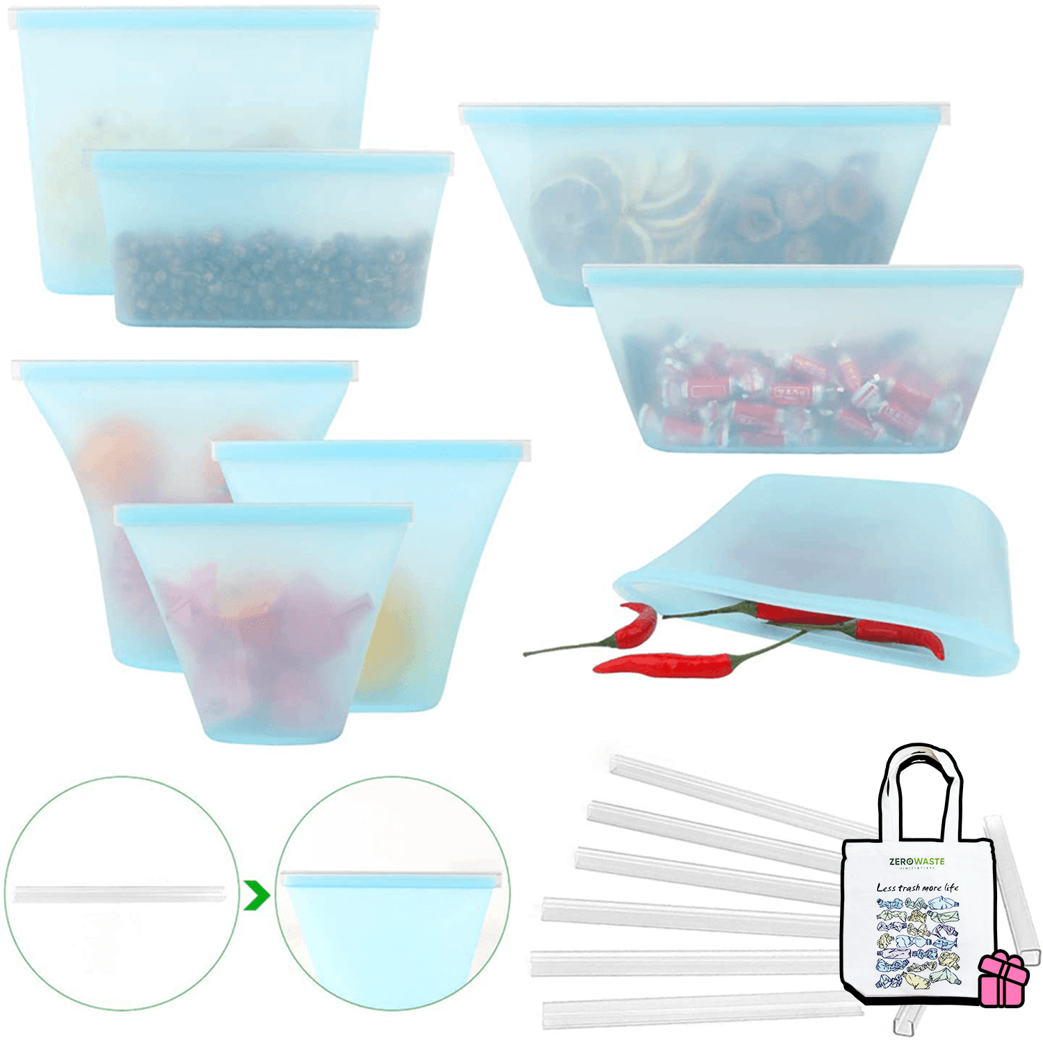 THE SILICONE ZERO WASTE ZIPPERED BAGS 8 PACKS