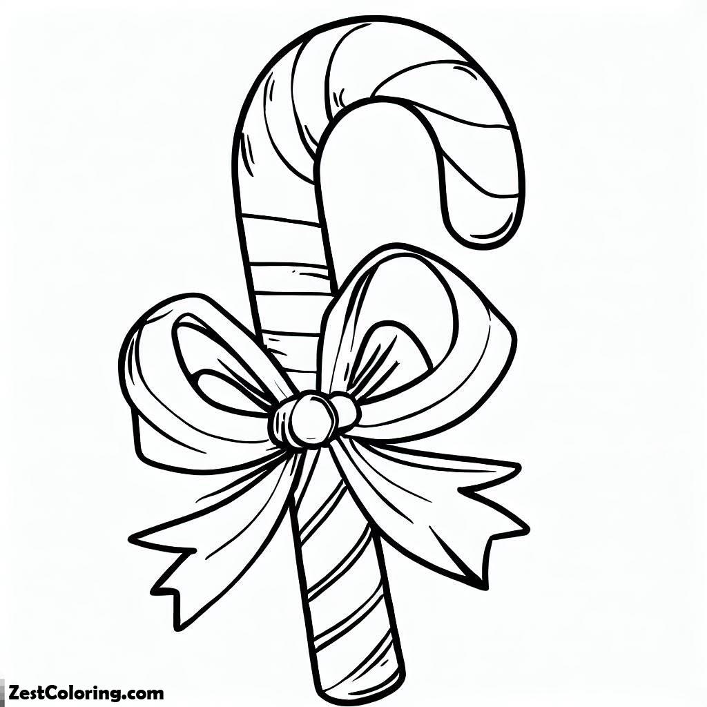 Printable Sweet Candy Cane With Christmas Ribbon Coloring Page