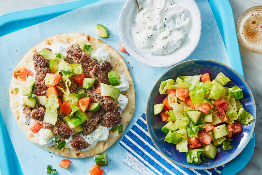 Crispy Beef Gyro with Chopped Salad & Creamy Cilantro Yogurt Sauce