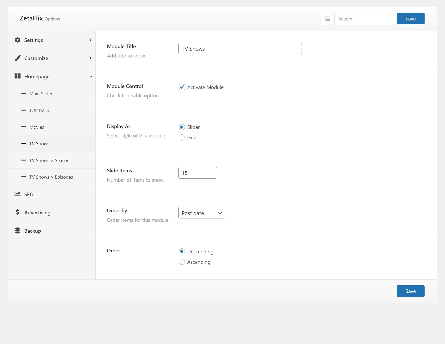 Theme options TV Shows Module ZetaThemes