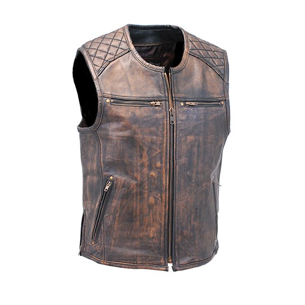 Men’s Vintage Brown Quilt Shoulder Leather Vest ZIA INDUSTRIES