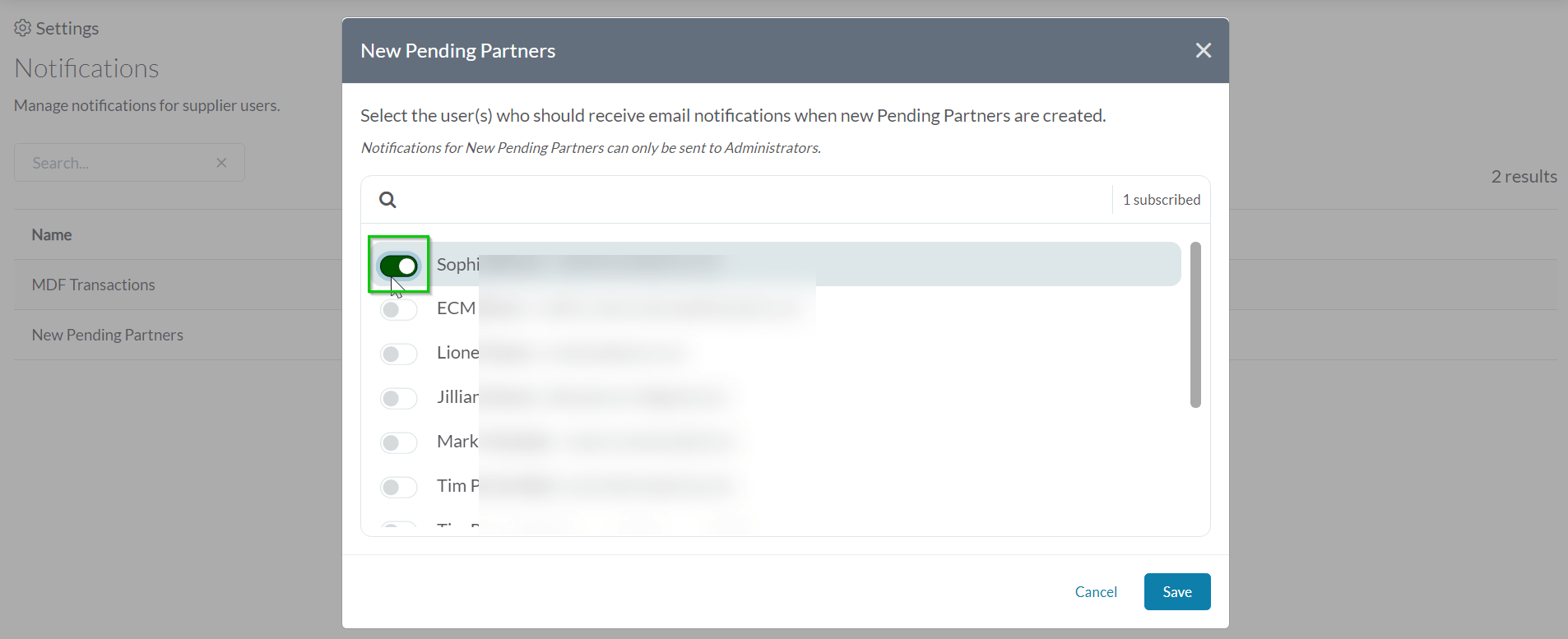 Supplier Notifications ZiftONE Admin