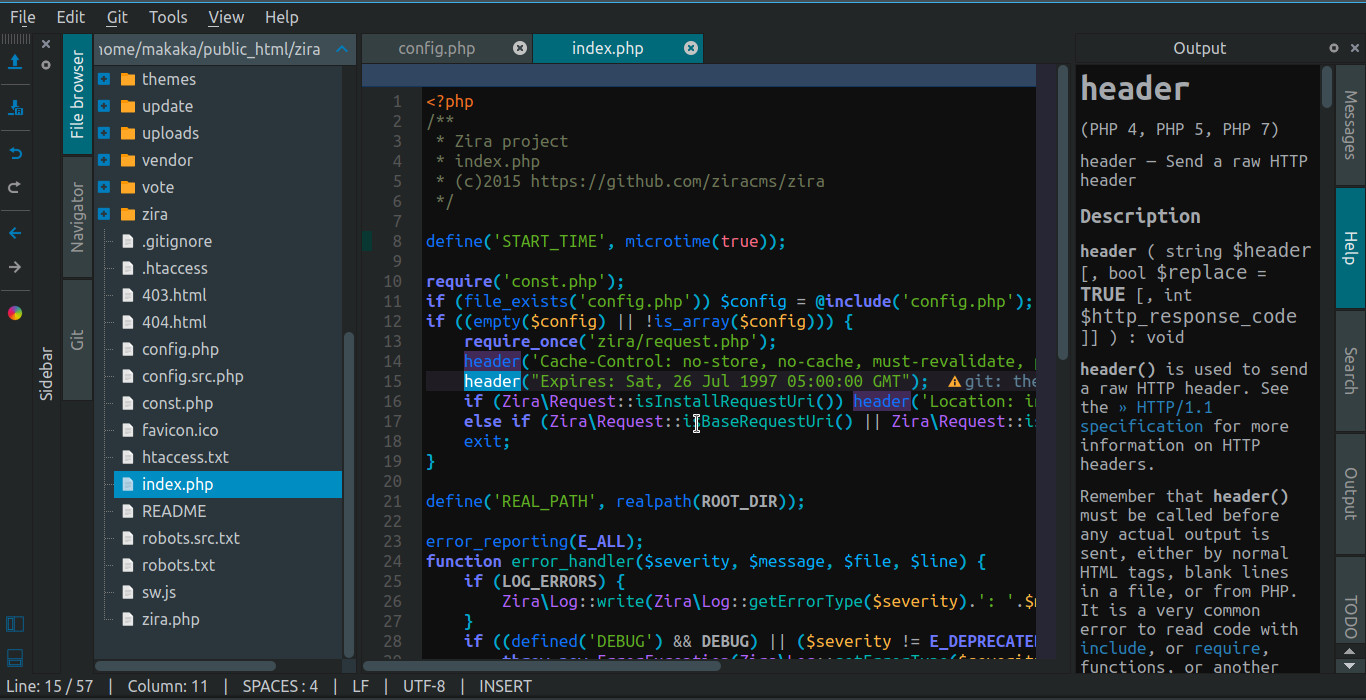 Zira PHP Editor Lightweight IDE for Linux, Android and Raspberry Pi
