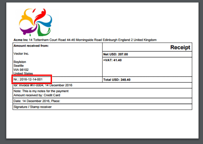 Payment receipt Zistemo Knowledge Base