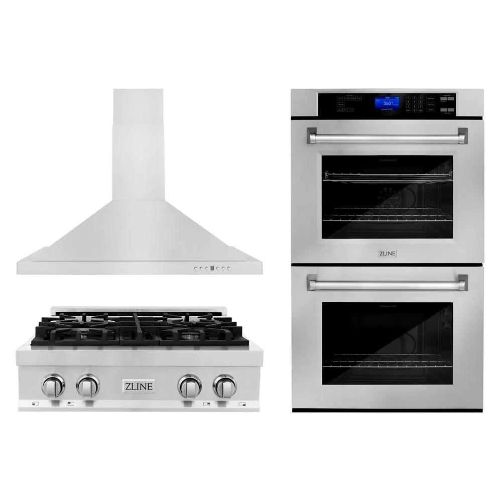 ZLINE 30" Stainless Steel Rangetop, Range Hood, and Double Wall Oven