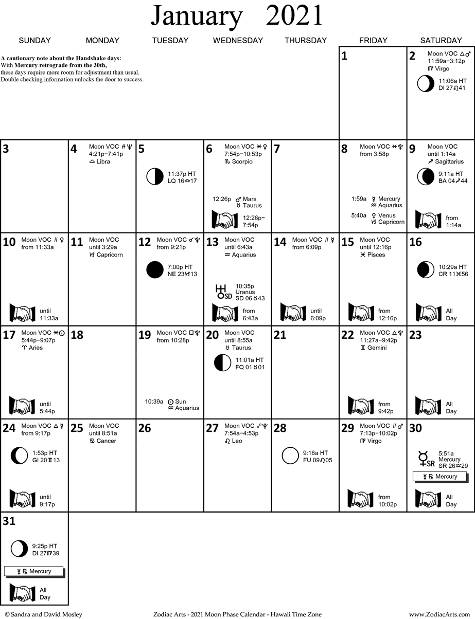 Zodiac Arts Moon Phase Calendar for Hawaii Time (Tahiti, Cook Islands)