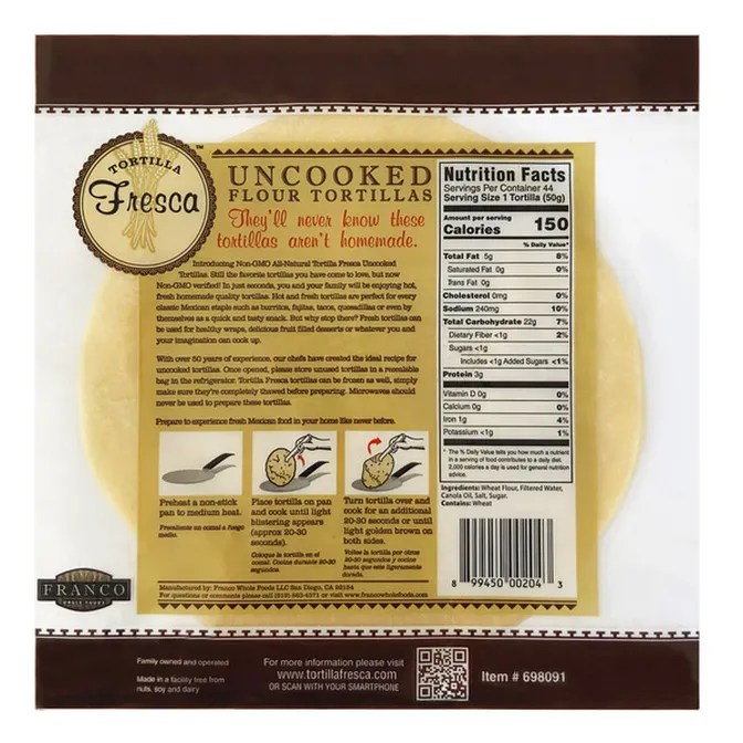 Tortilla Fresca Non GMO Uncooked Flour Tortillas 44ct Franco Foods 78
