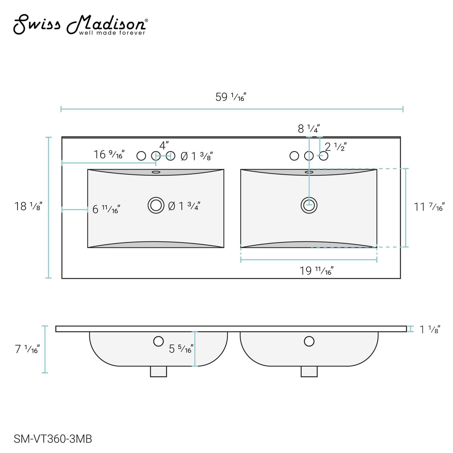 Swiss Madison 60 inch Vanity Top Bathroom Sink in Matte Black with 3