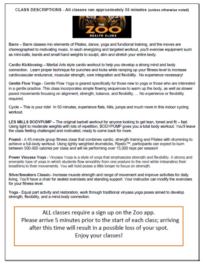 Epping Class Descriptions Zoo Gym