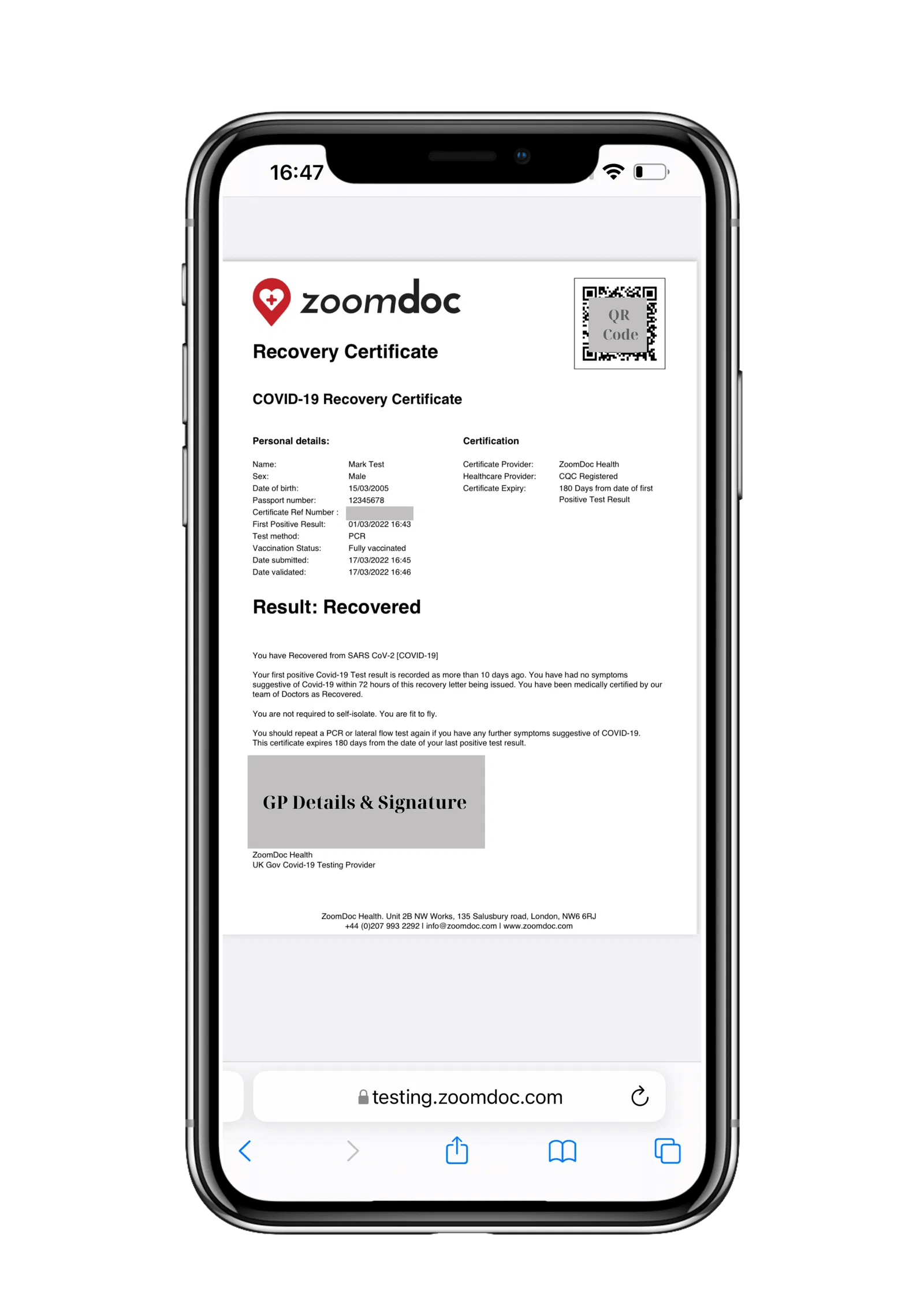 Covid Recovery Certificate ZoomDoc