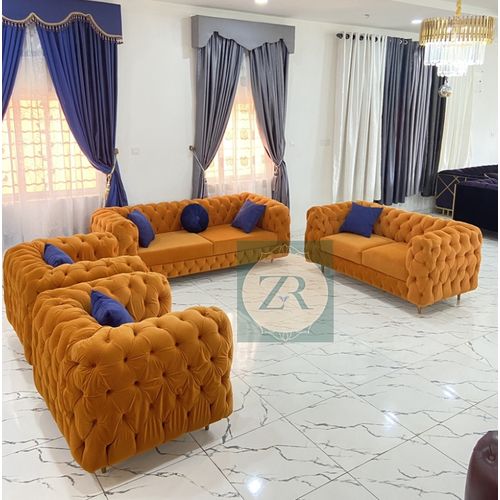 Burnt Tufted 7 Seater With Blue Pillows Lagos Only ZR Tales